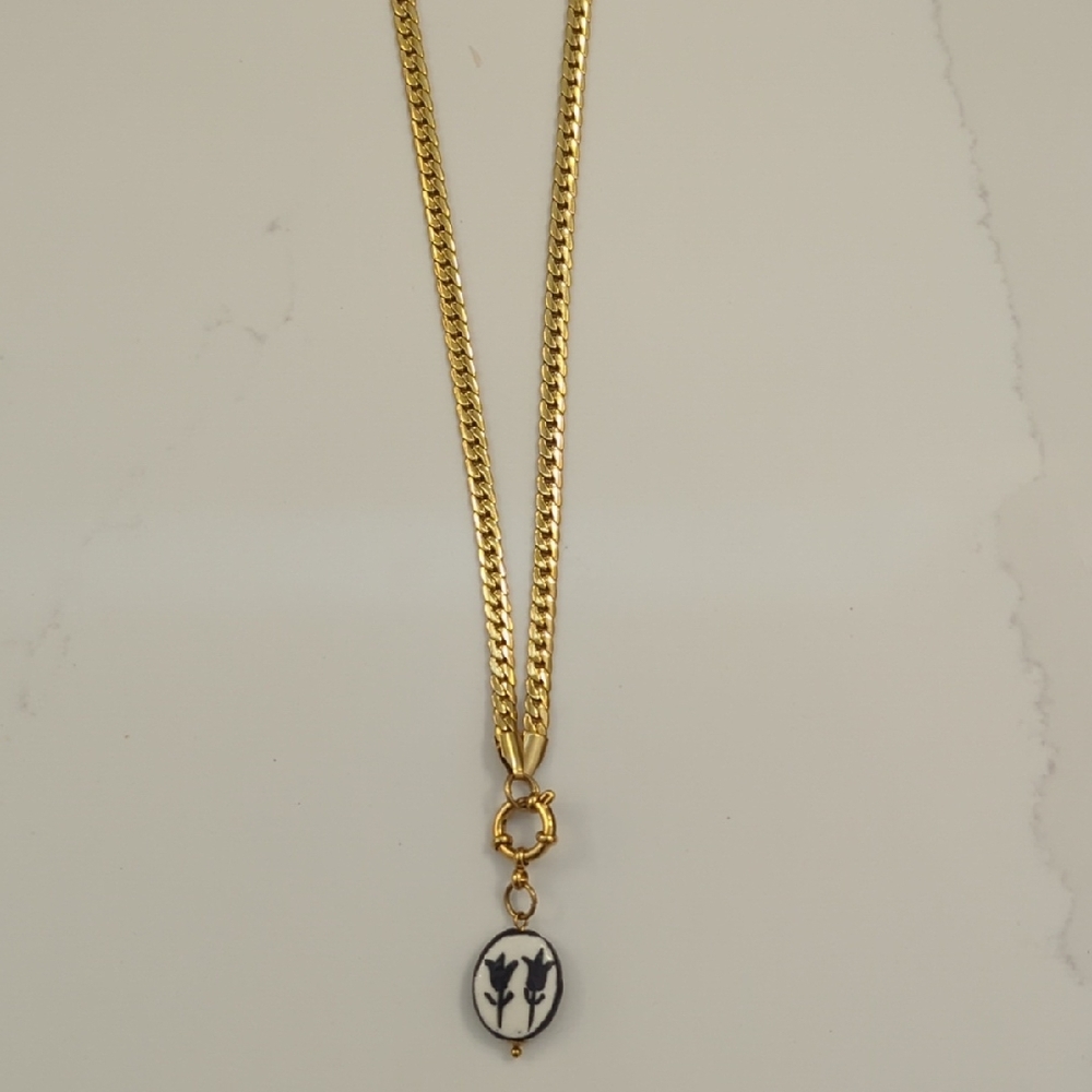 Gold Pendant Necklace with Black and White Charm
